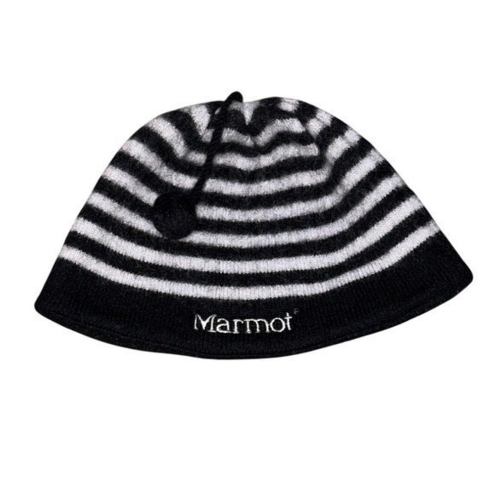 MARMOT 100% Wool Striped Tassel Beanie Ski Winter Hat Black White | One Size